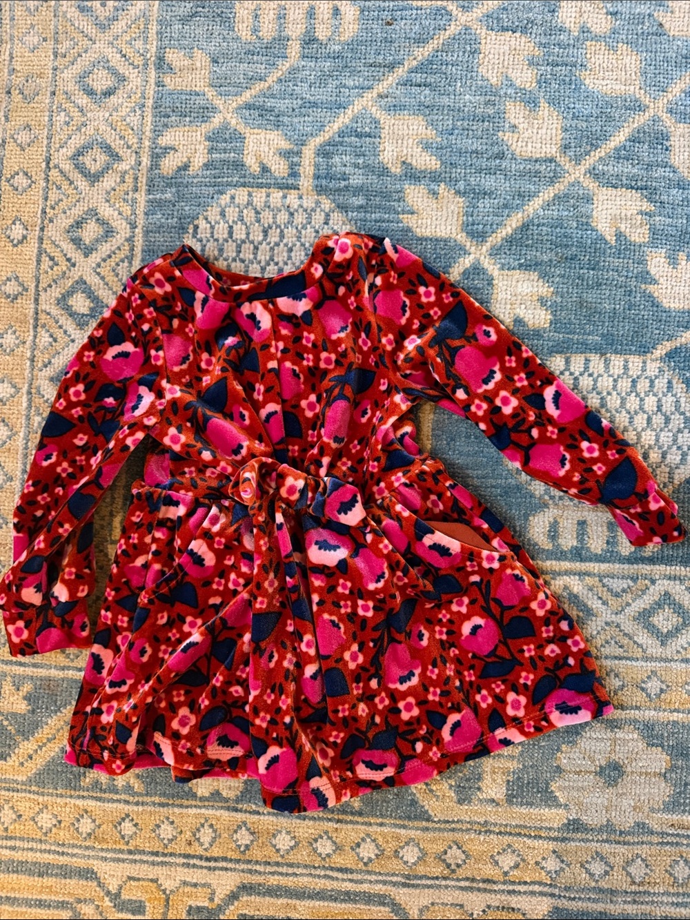 Cat & Jack Red and Pink Floral Long-Sleeve Dress with Self-Tie Waist